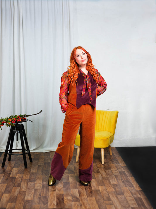 Block Colour Velvet Trousers in Copper & Burgundy