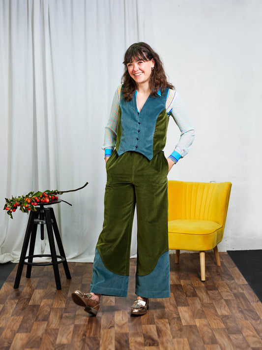 Block Colour Trousers in Sea Blue & Sage - Size 8