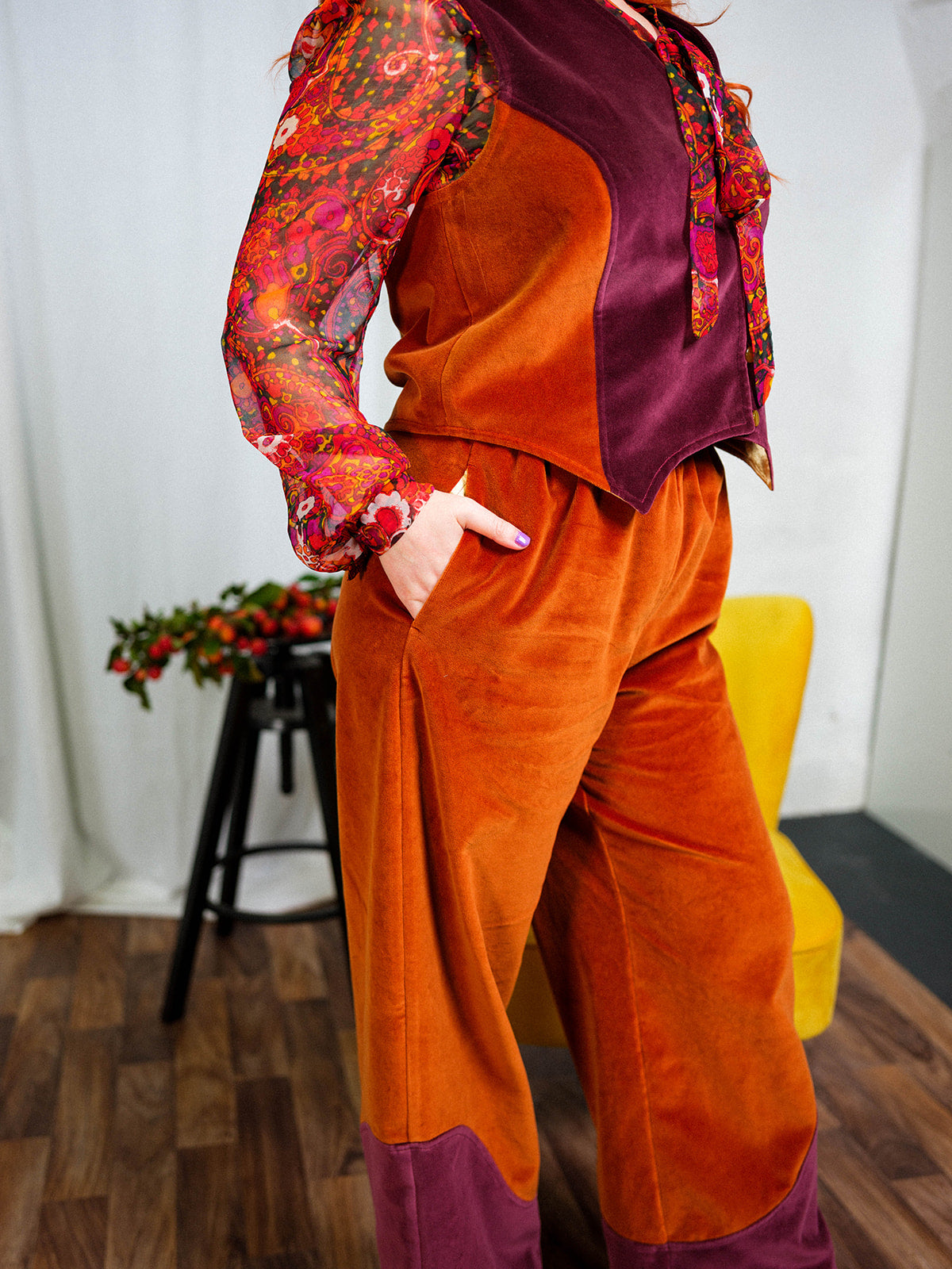 Block Colour Velvet Trousers in Copper & Burgundy