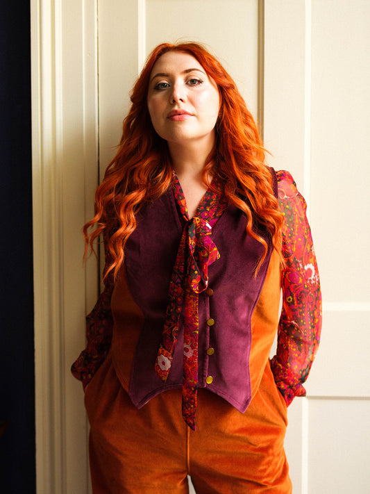 Block Colour Velvet Waistcoat in Copper & Burgundy