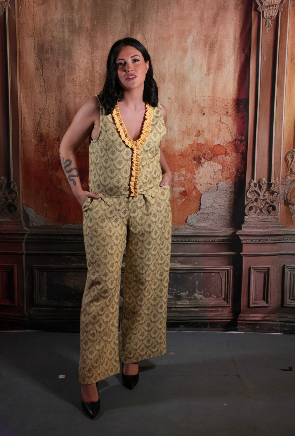 Lemon Yellow Trousers in Vintage Brocade - Size UK12