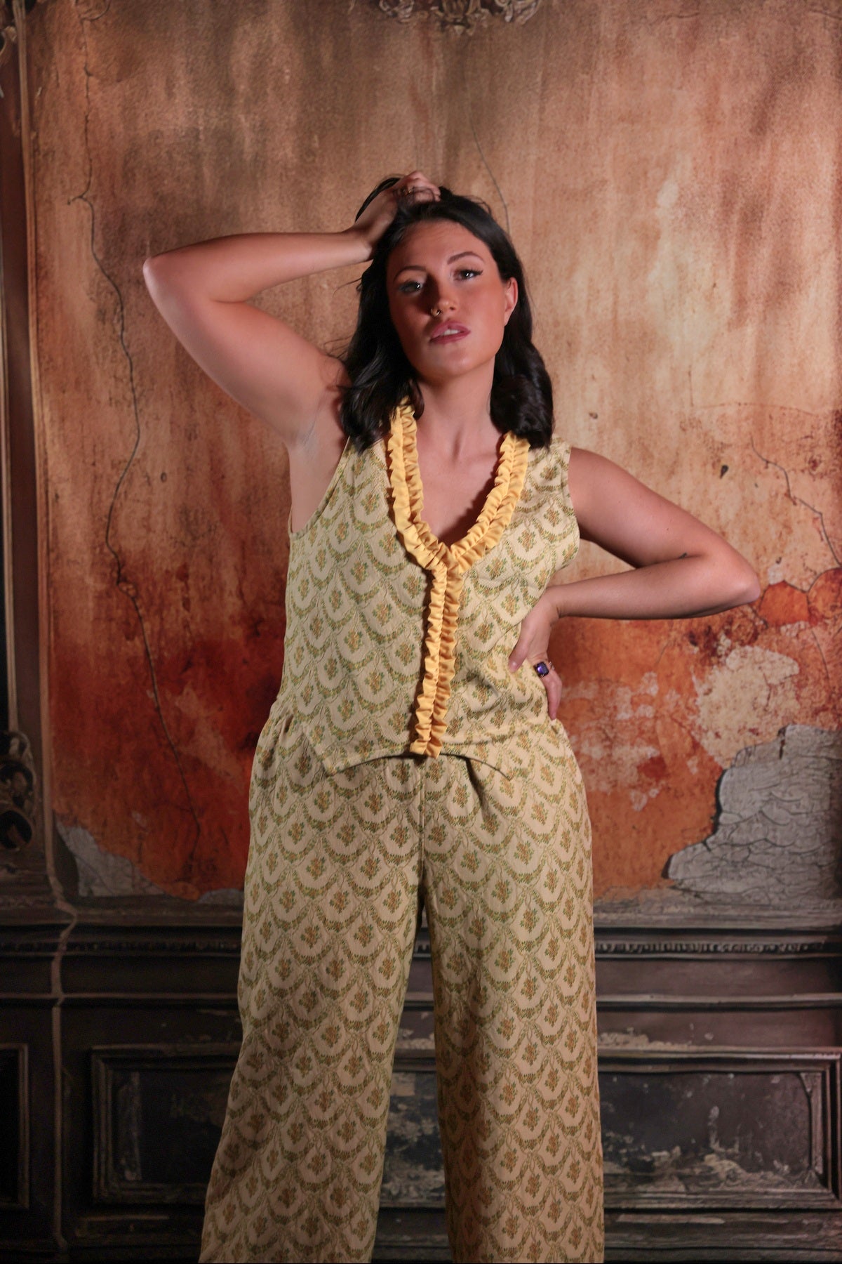 Lemon Yellow Waistcoat in Vintage Brocade Fabric - Size UK12