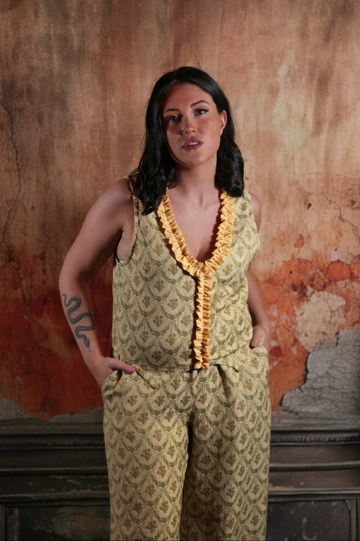 Lemon Yellow Waistcoat in Vintage Brocade Fabric - Size UK12