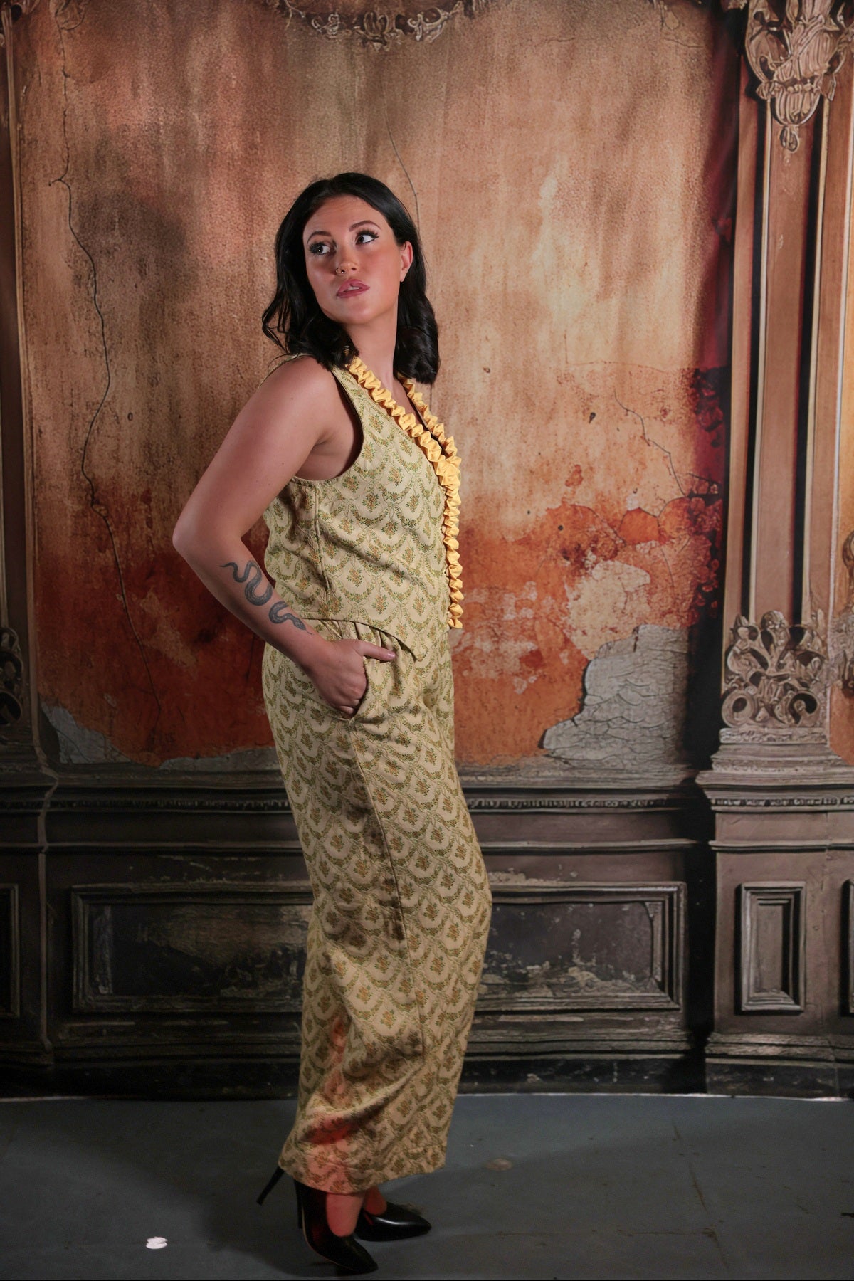 Lemon Yellow Waistcoat in Vintage Brocade Fabric - Size UK12